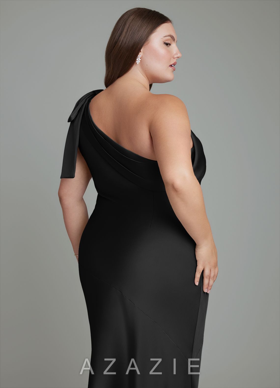 Azazie Yuanna Black Mermaid One Shoulder Stretch Satin Dress black