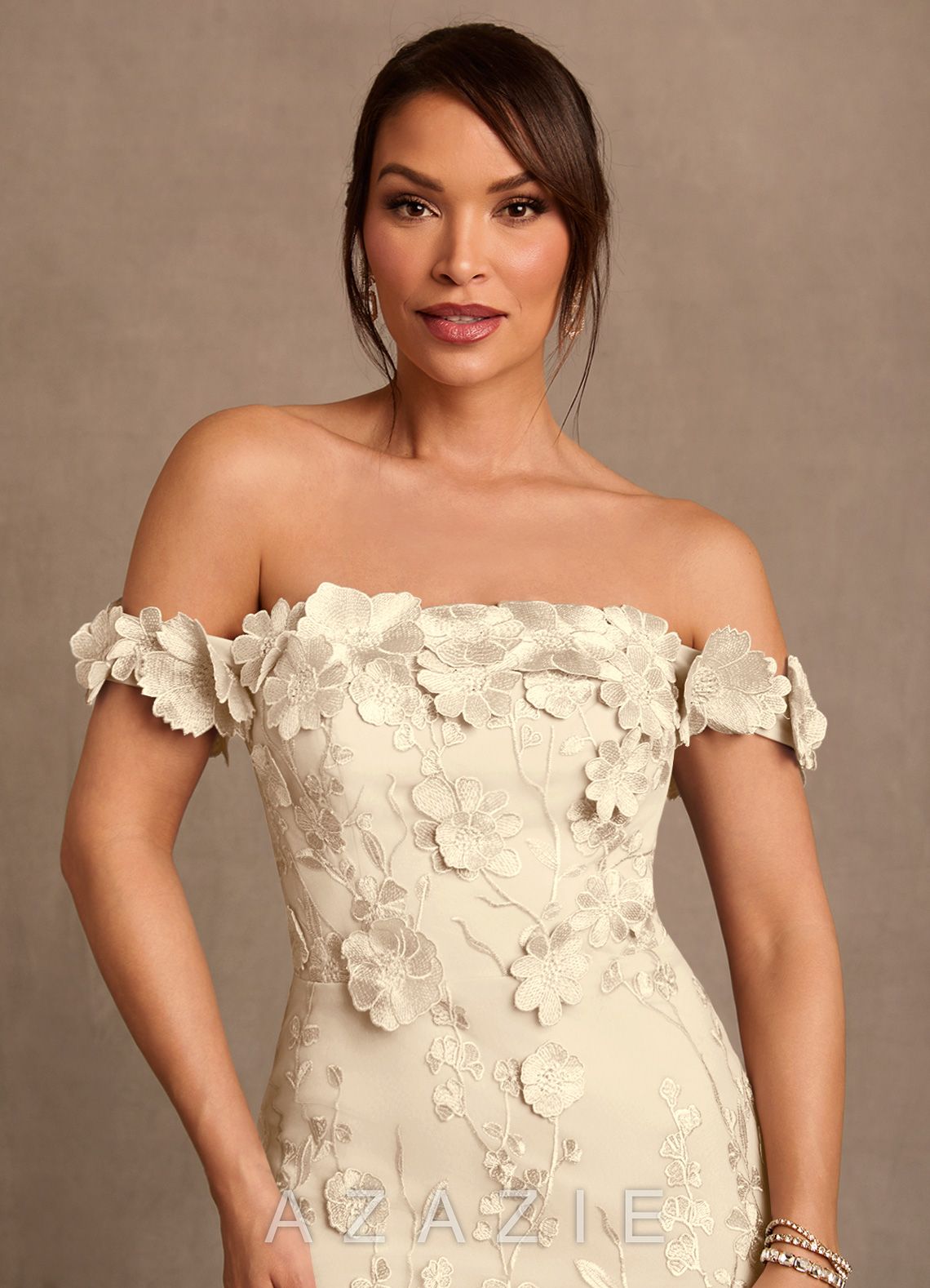 Azazie Lotta Champagne Mermaid Off the Shoulder Lace Dress champagne