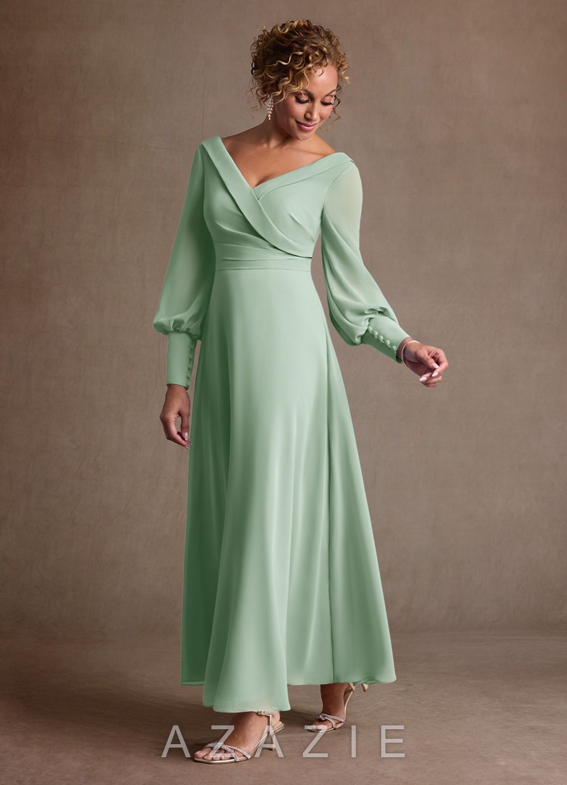 Azazie Paterson Agave A-Line Pleated Chiffon Dress agave
