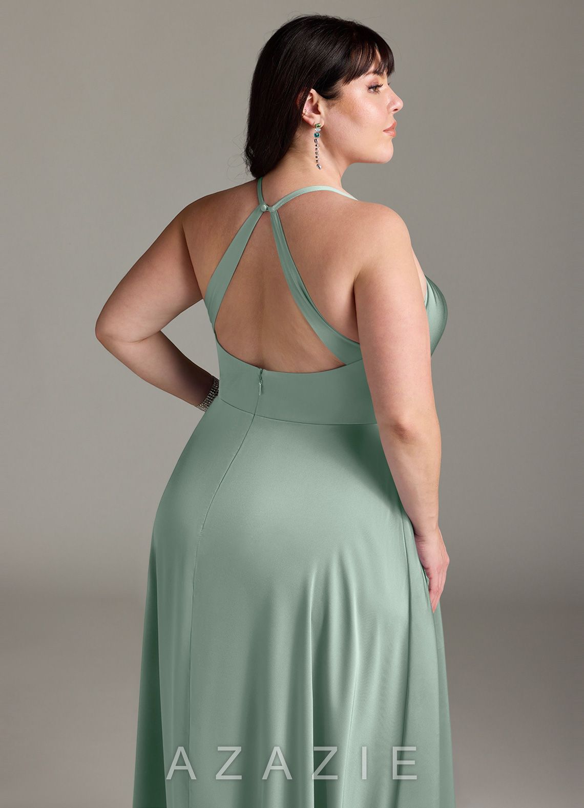 Azazie Davis Agave A-Line Pleated Stretch Satin Dress agave
