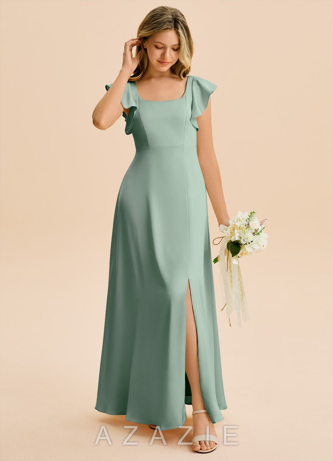 Azazie Bondi Junior Agave A-Line Side Slit Stretch Satin Dress agave