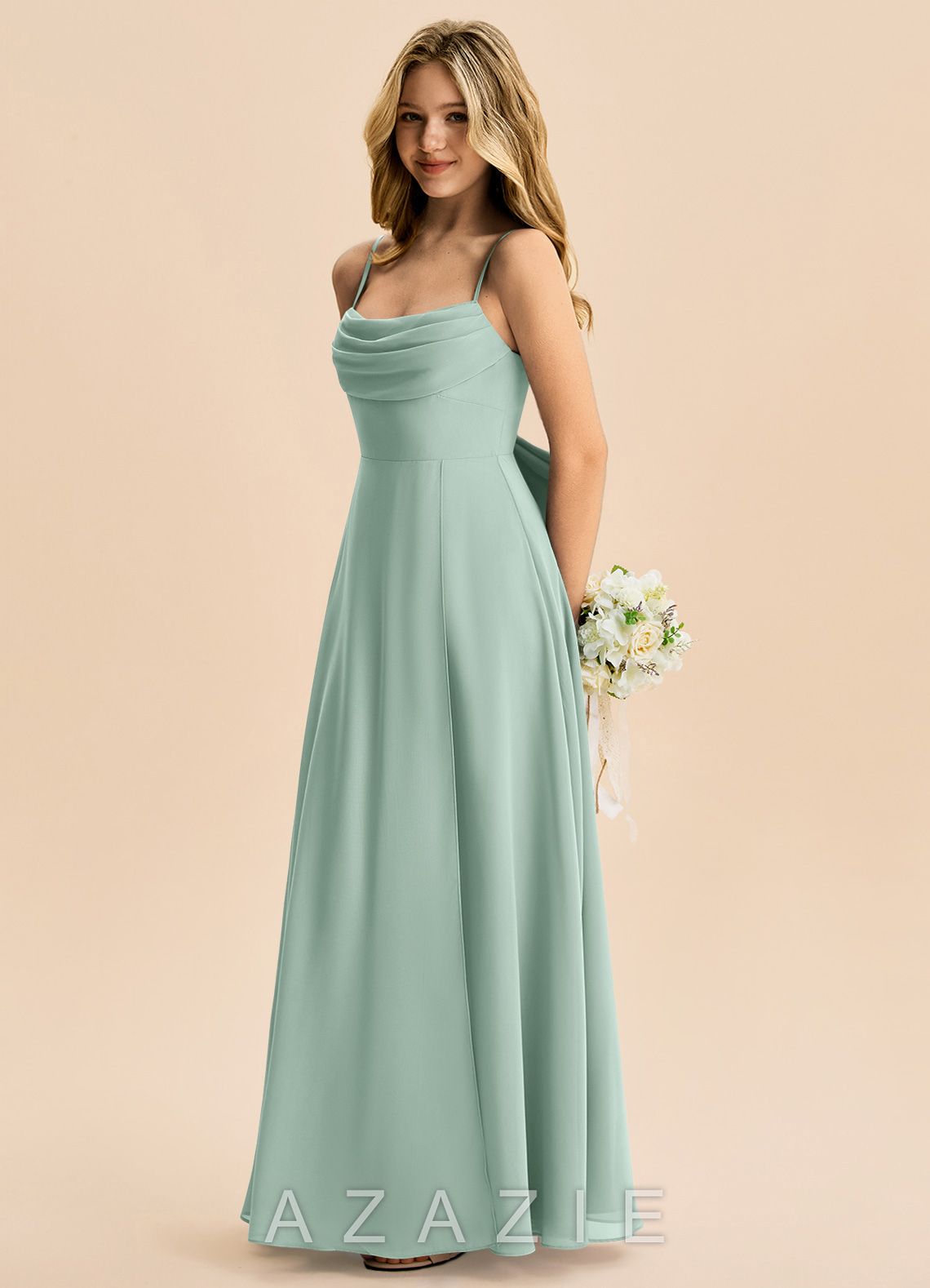 Azazie Bear Junior Agave A-Line Pleated Chiffon Dress agave