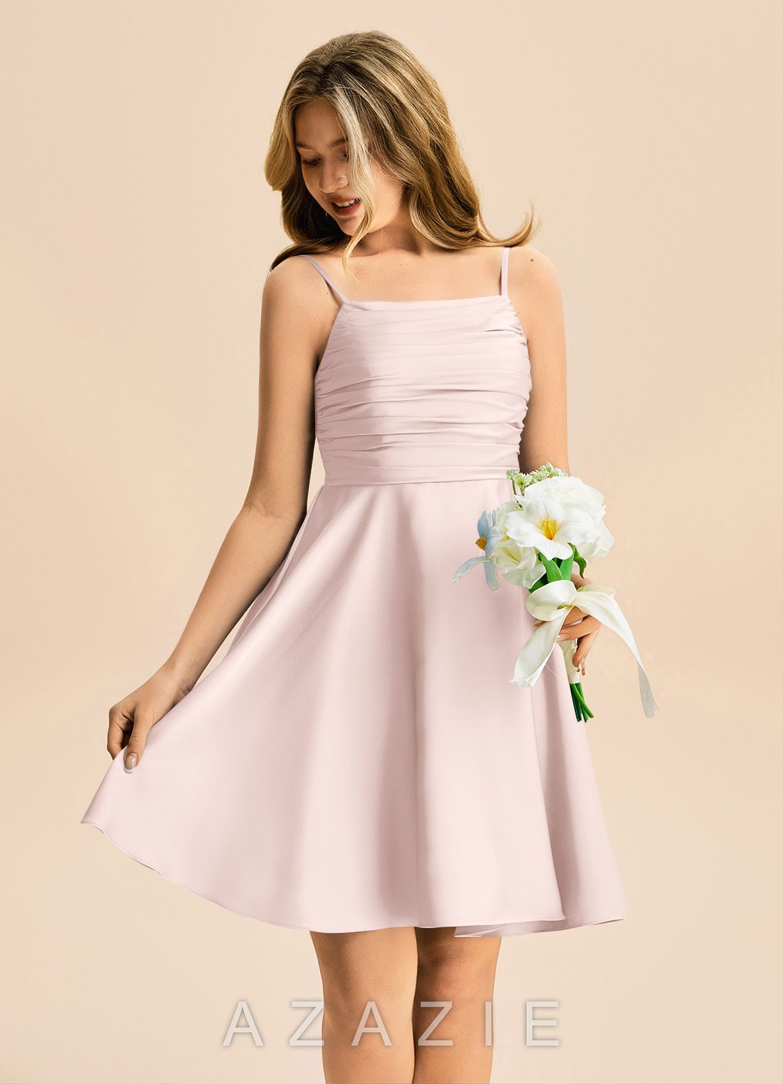 Azazie Miko Junior Blushing Pink A-Line Pleated Stretch Satin Dress blushing_pink