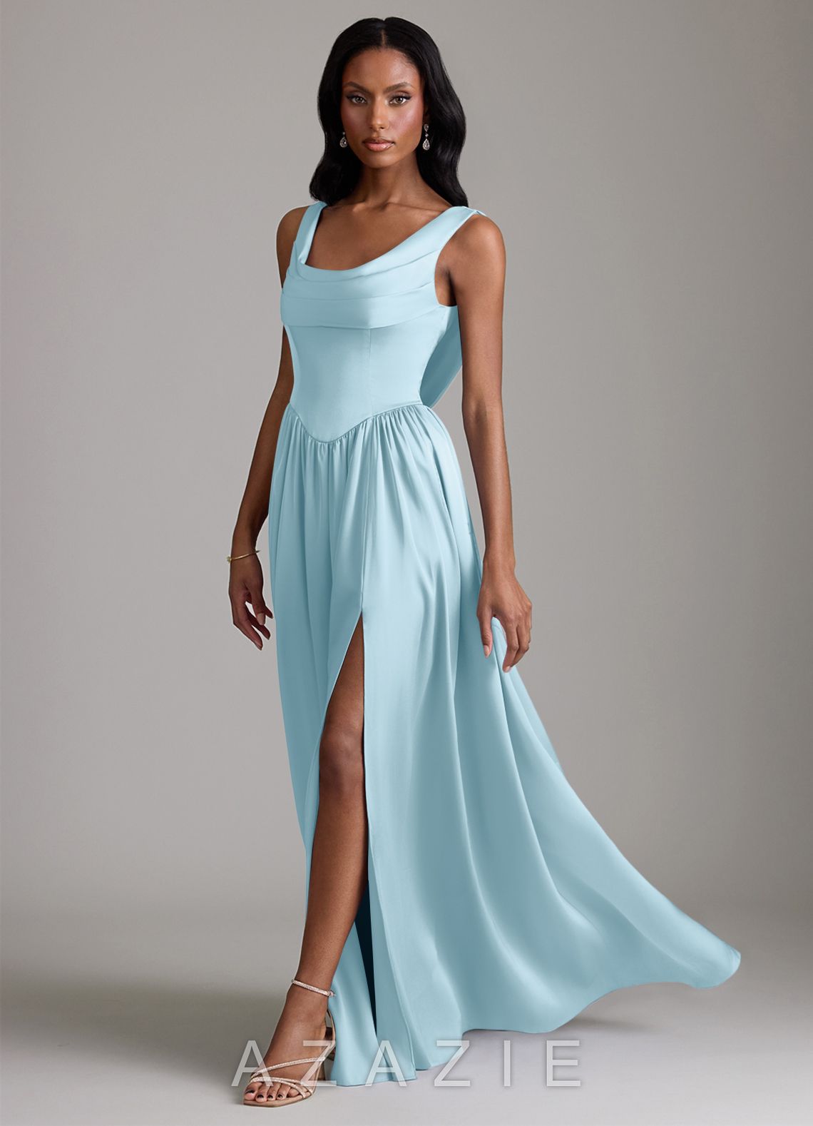 Azazie Novi Sky Blue A-Line with Pockets Stretch Satin Dress sky_blue