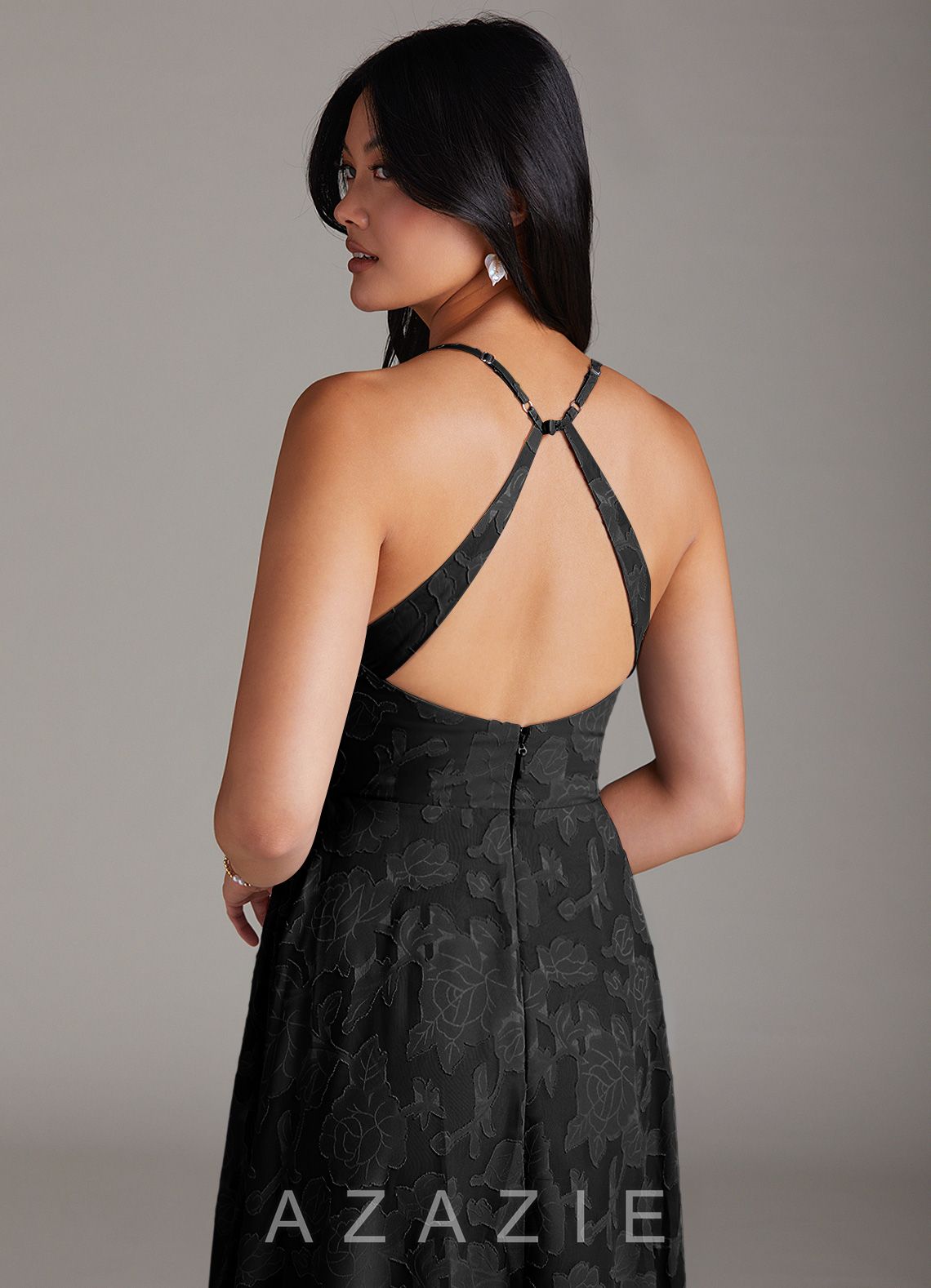 Azazie Davis Black A-Line Pleated Floral Burnout Dress black