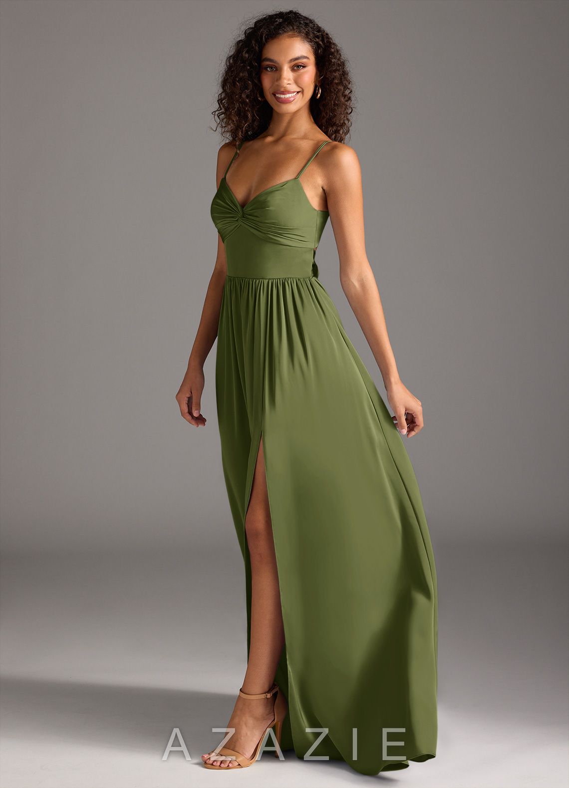Azazie Zeya Olive A-Line Pleated Stretch Satin Dress olive