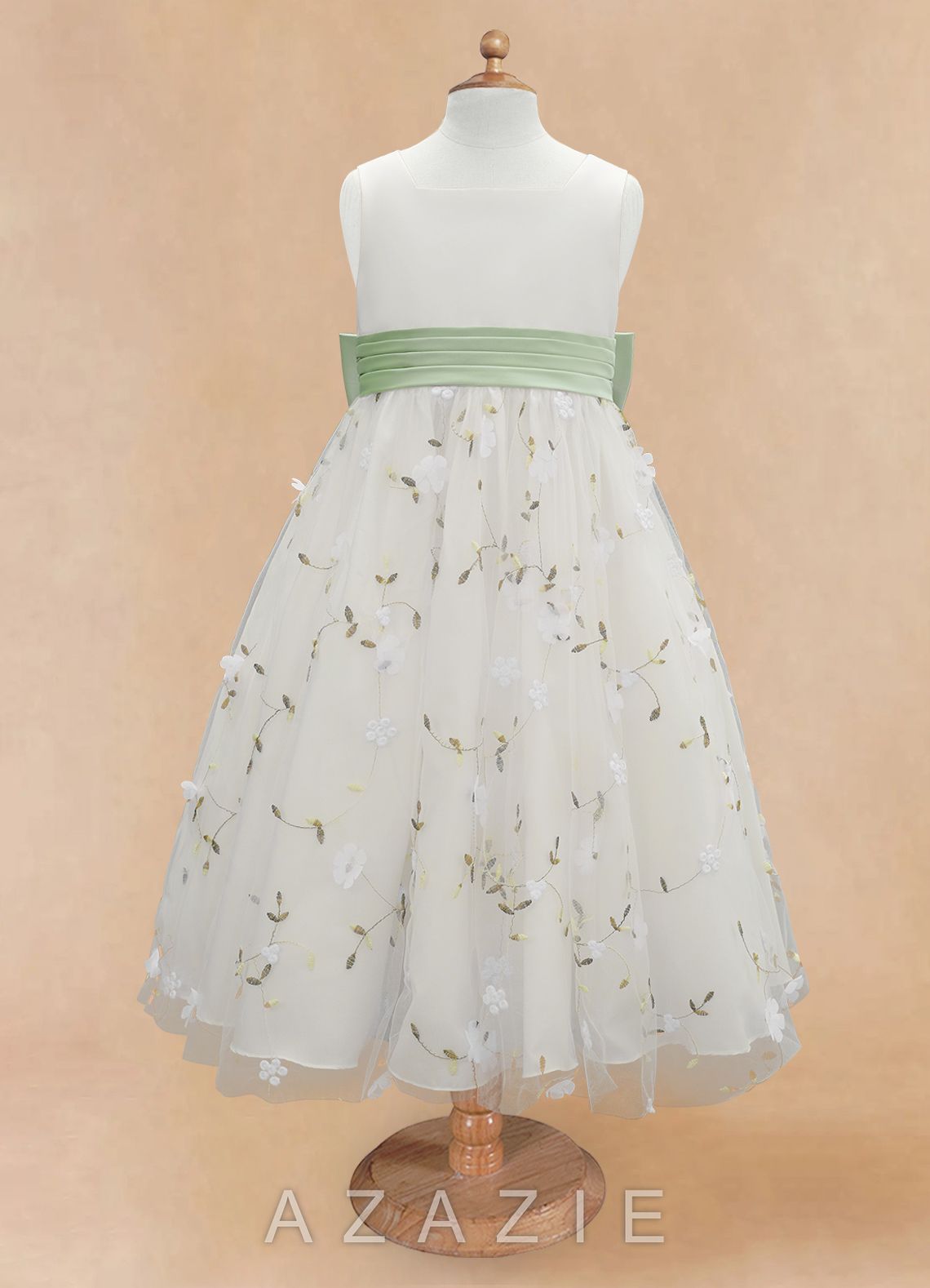 Azazie Pollie Ivory Dusty Sage A-Line Bow Tulle Dress ivory/dusty_sage