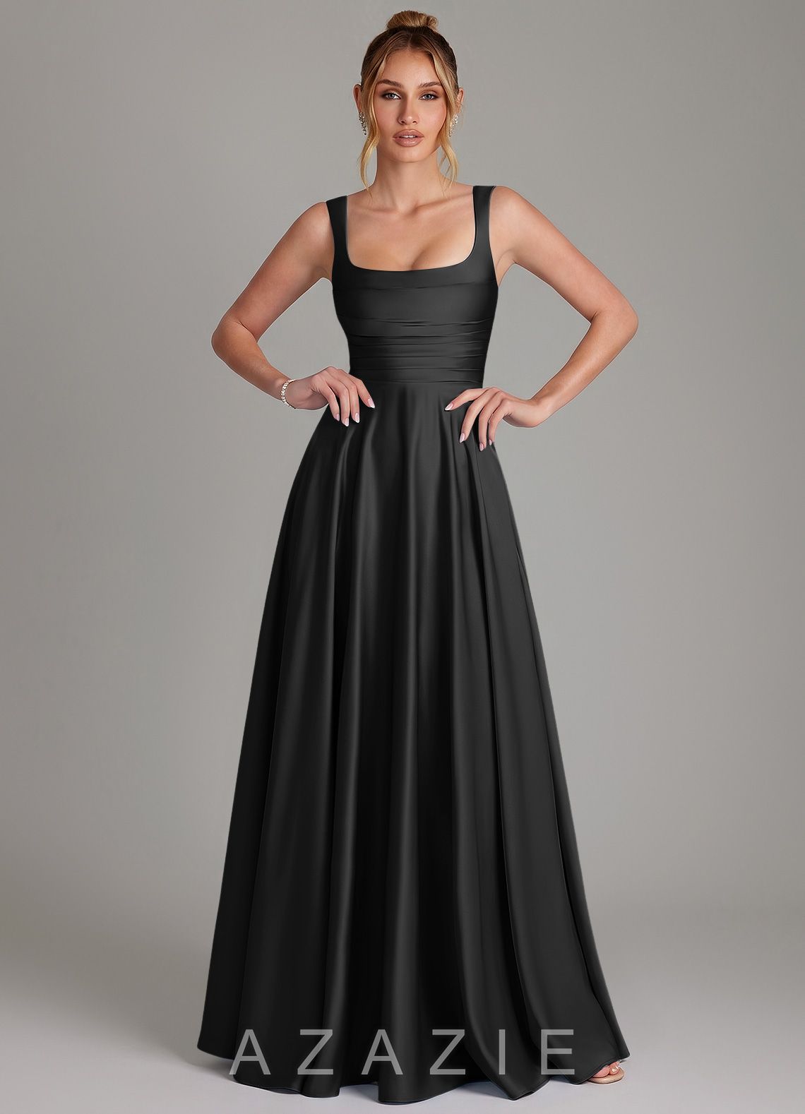 Azazie Azaria Black A-Line Corset Stretch Satin Dress