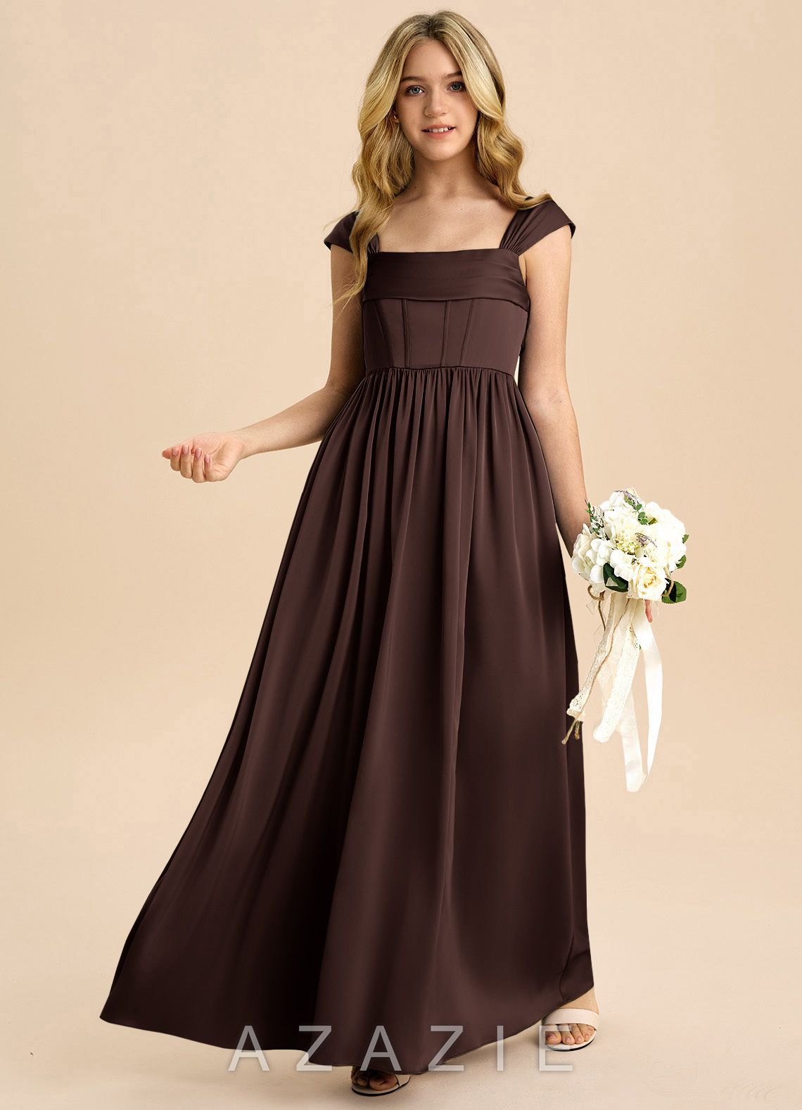 Azazie Hattie Junior Ganache A-Line Pleated Stretch Satin Dress ganache