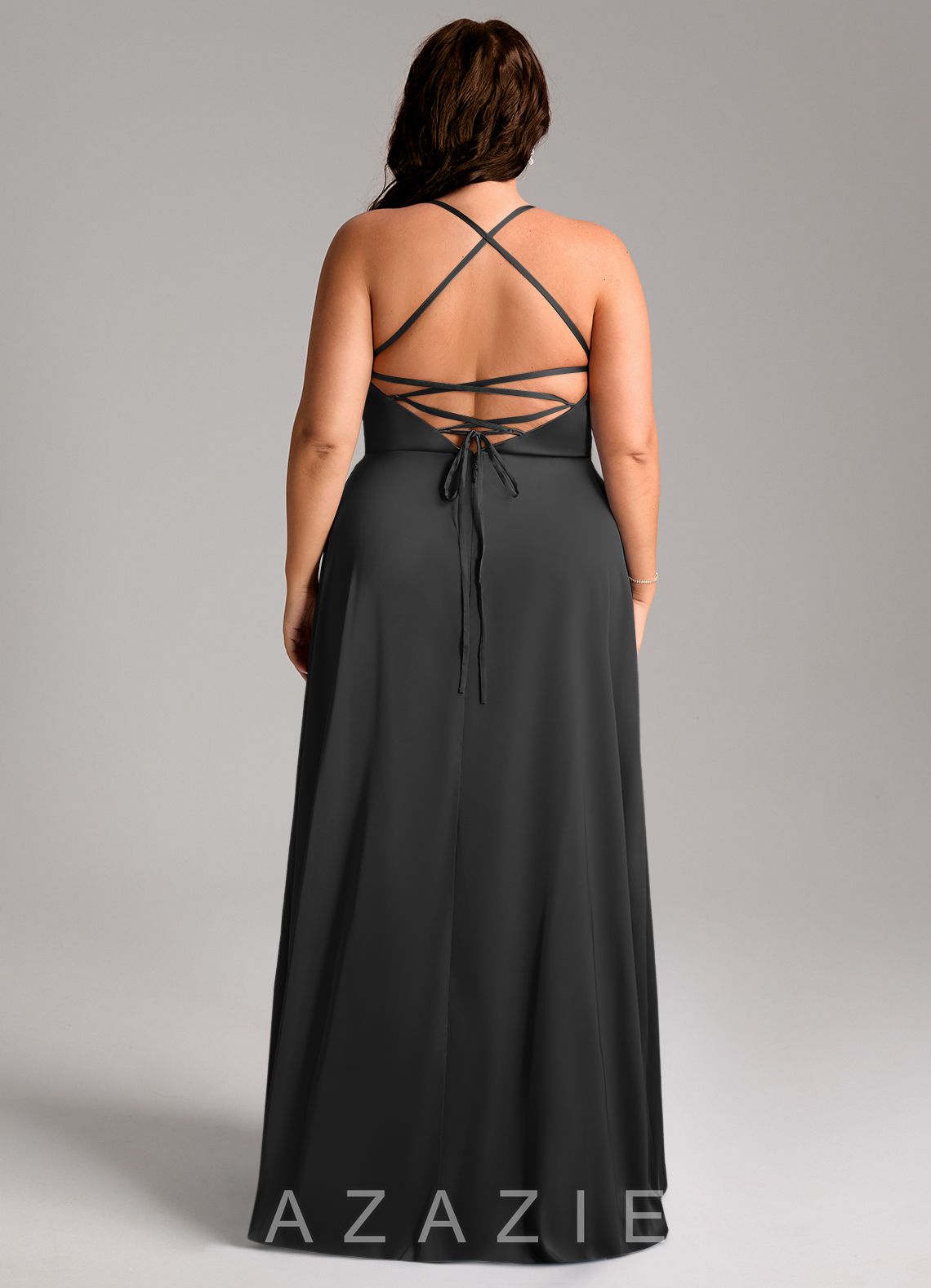 Azazie Mei Black A-Line V-Neck Stretch Satin Dress black