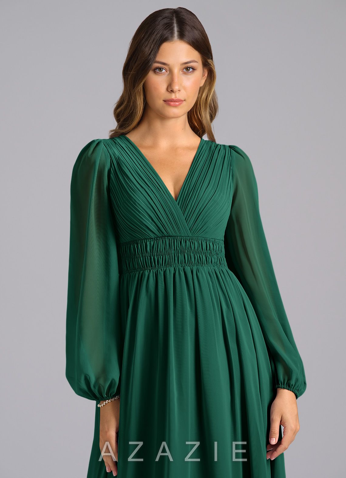 Azazie Palerma Emerald A-Line Long Sleeve Chiffon Dress emerald