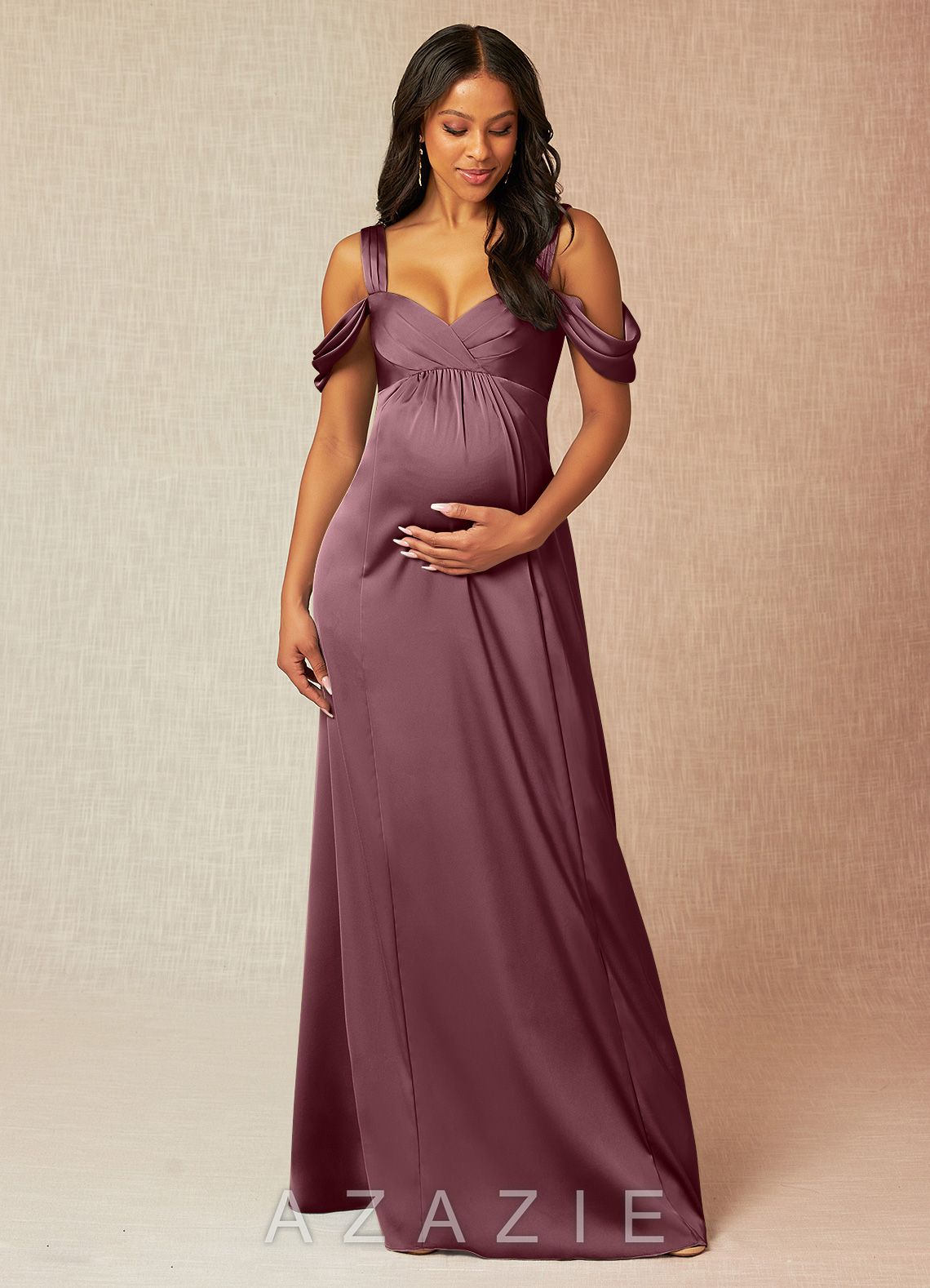 Azazie Rhea Stretch Satin Dress A-Line Off-The-Shouler Pleated Stretch Satin Floor-Length Dress