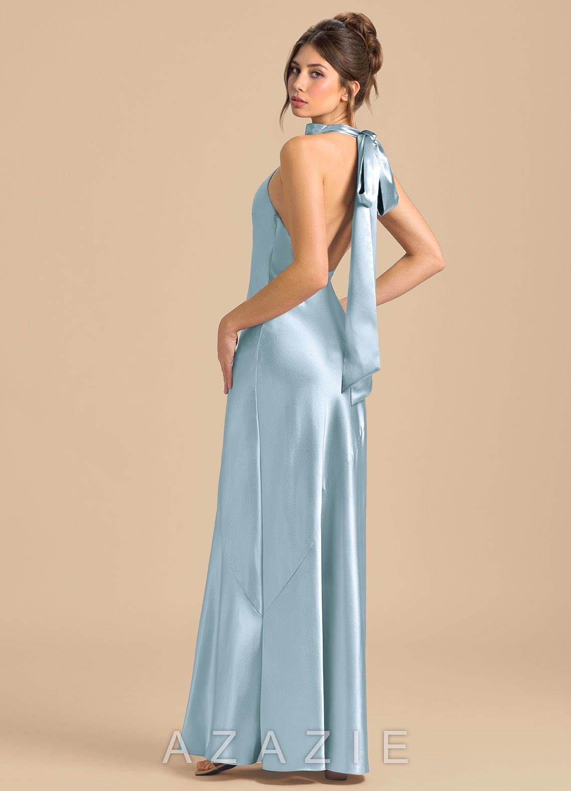 Azazie Velli Sky Blue Sheath High Neck Metallic Satin Dress