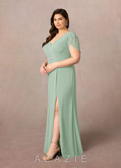 Azazie Marianne Agave Sheath V-Neck Pleated Chiffon Dress agave