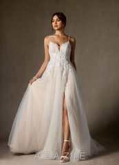 Azazie Nikita Wedding Dress Diamond White Champagne A-Line Sequins Tulle Dress