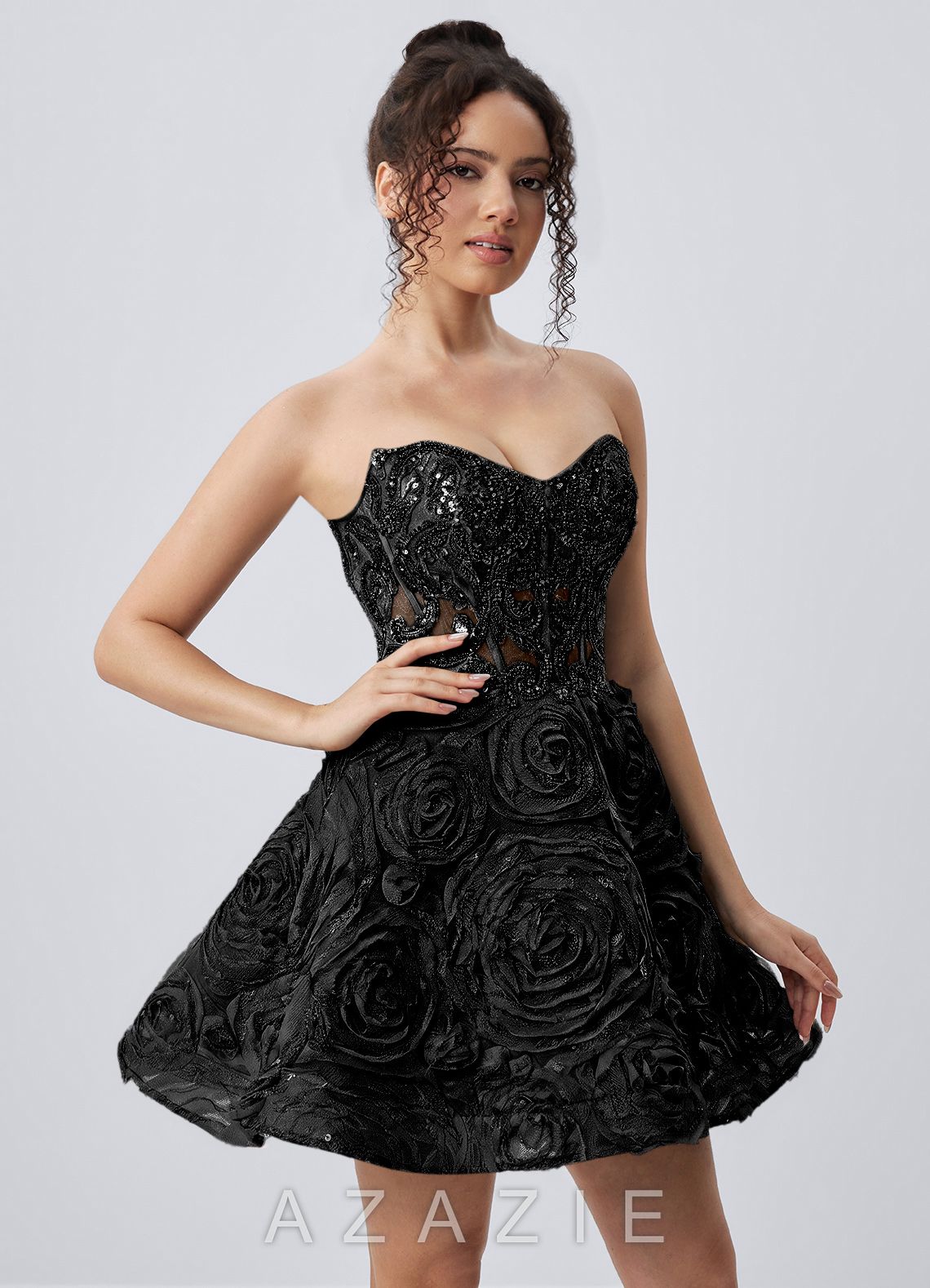Mathilde Black Strapless 3D Rose Mesh Corset Skater Mini Dress
