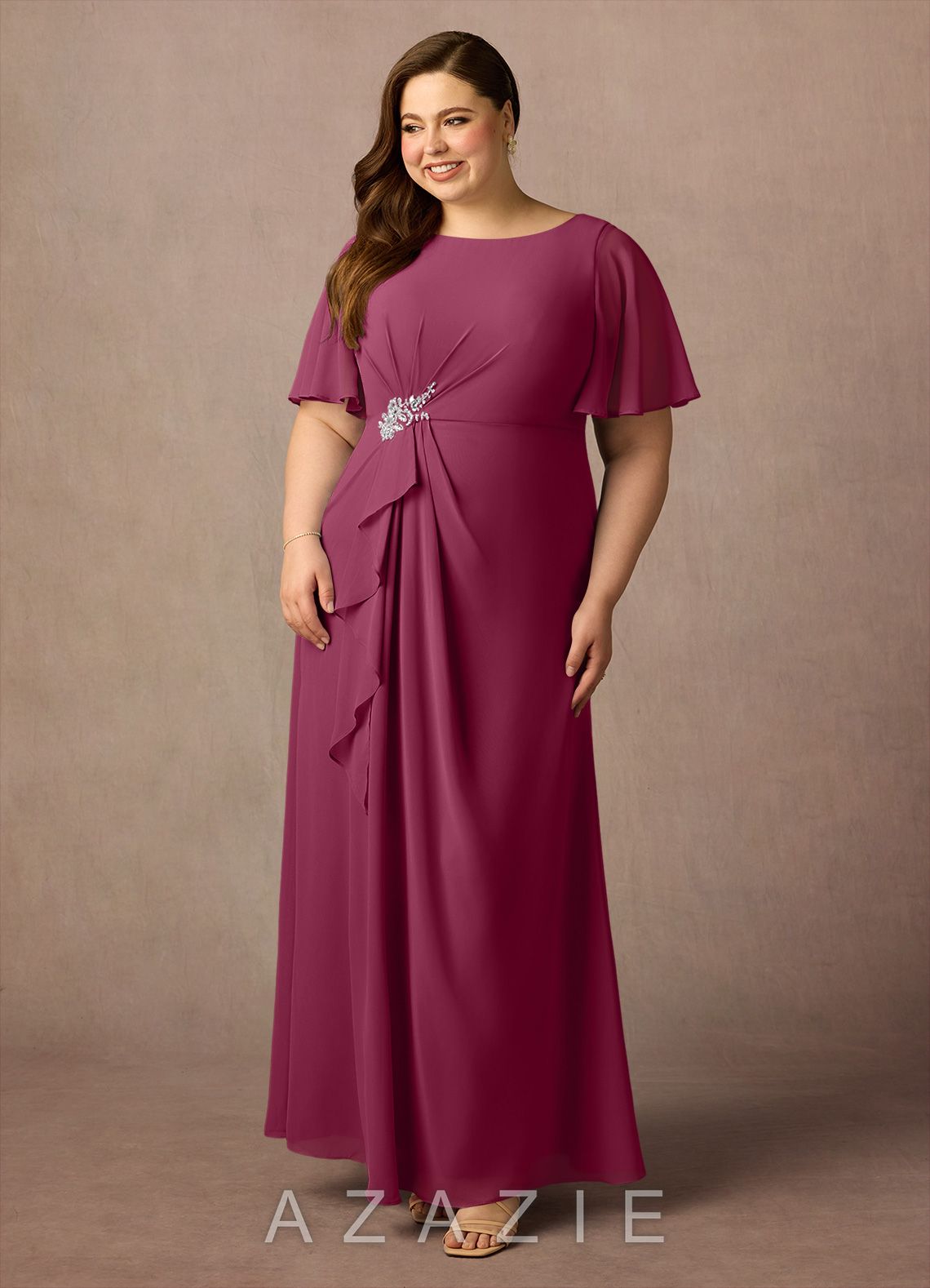 Azazie Rain Mulberry Sheath Beaded Chiffon Dress mulberry