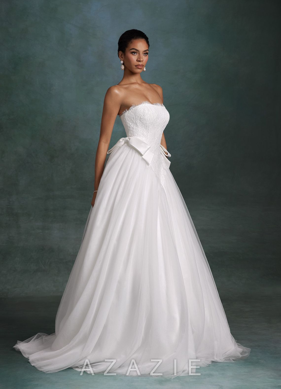 Azazie Raya Diamond White Ball-Gown Strapless Tulle Dress diamond_white