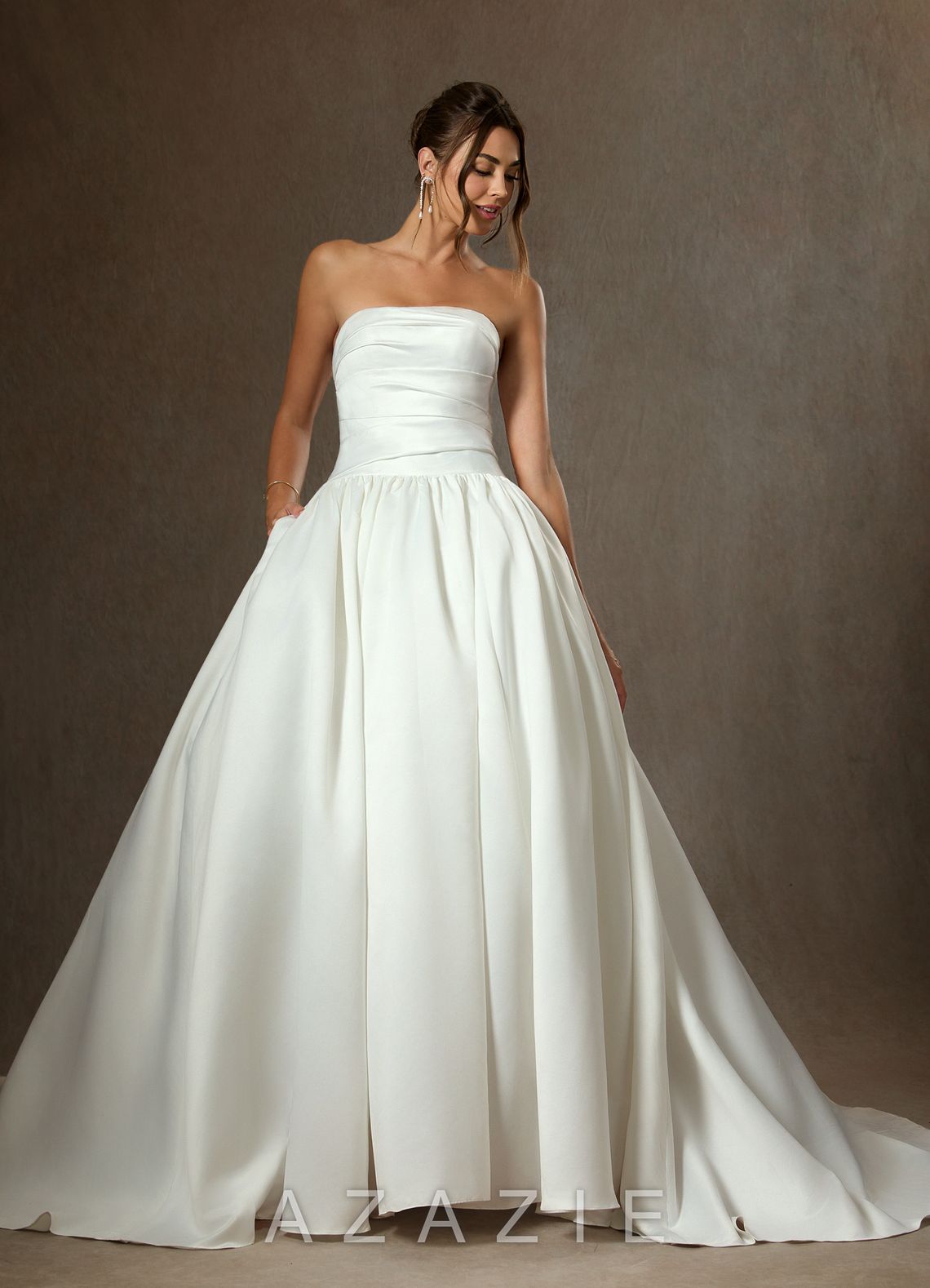Azazie Lucinda Diamond White Ball-Gown Strapless Matte Satin Dress diamond_white