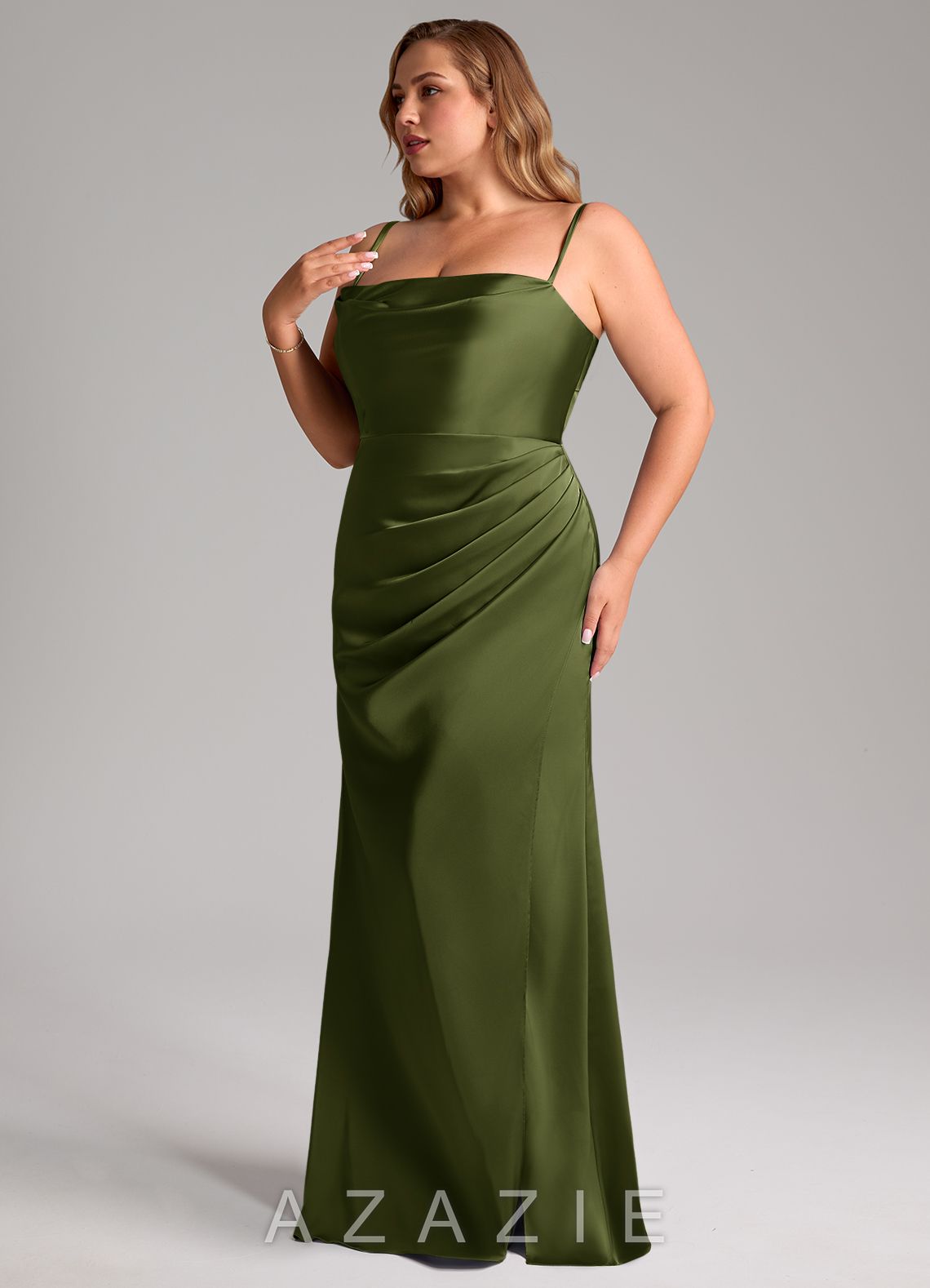 Azazie Leonis Olive Mermaid Pleated Stretch Satin Convertible Dress olive