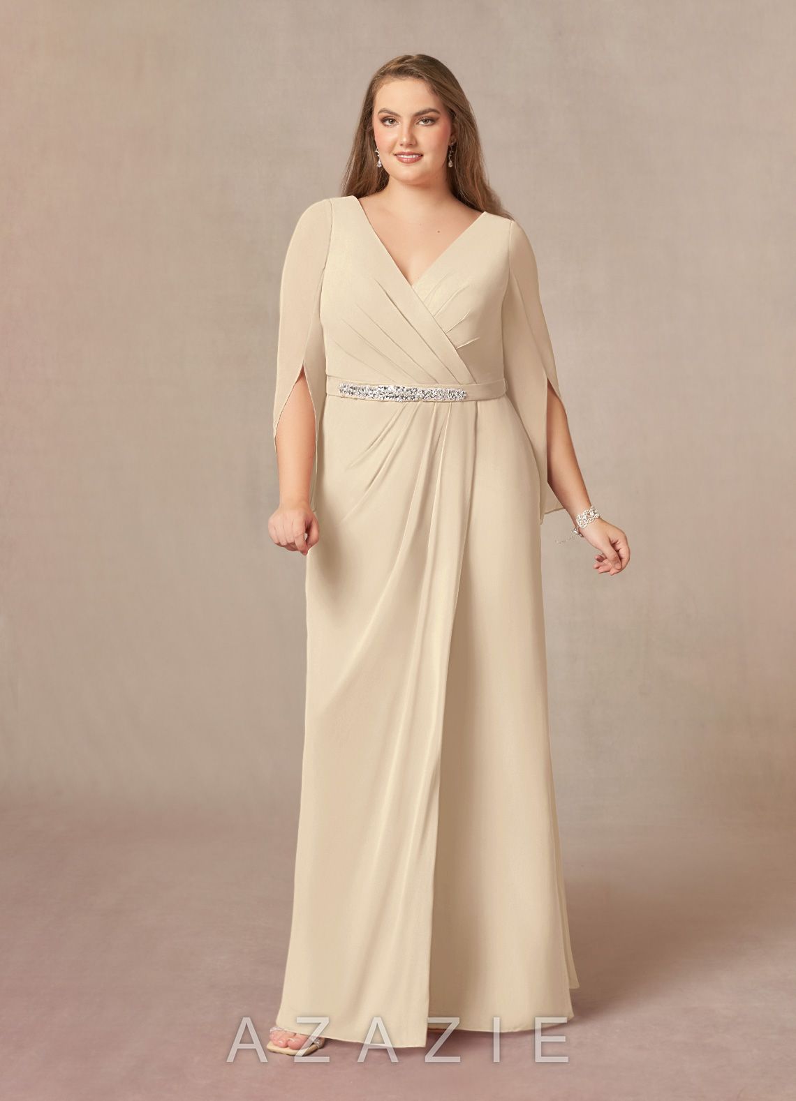 Azazie Belinda Champagne A-Line V-Neck Pleated Chiffon Dress champagne