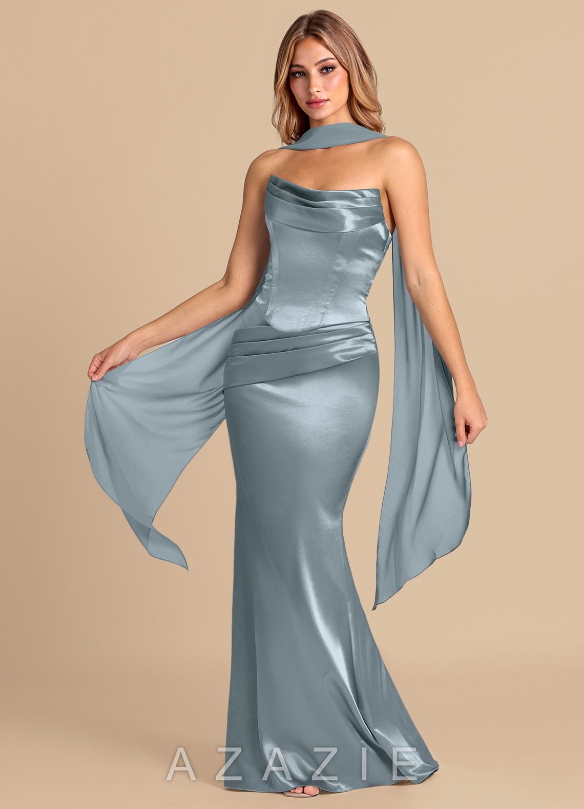 Azazie Sorrel Dusty Blue Mermaid Corset Metallic Satin Convertible Dress
