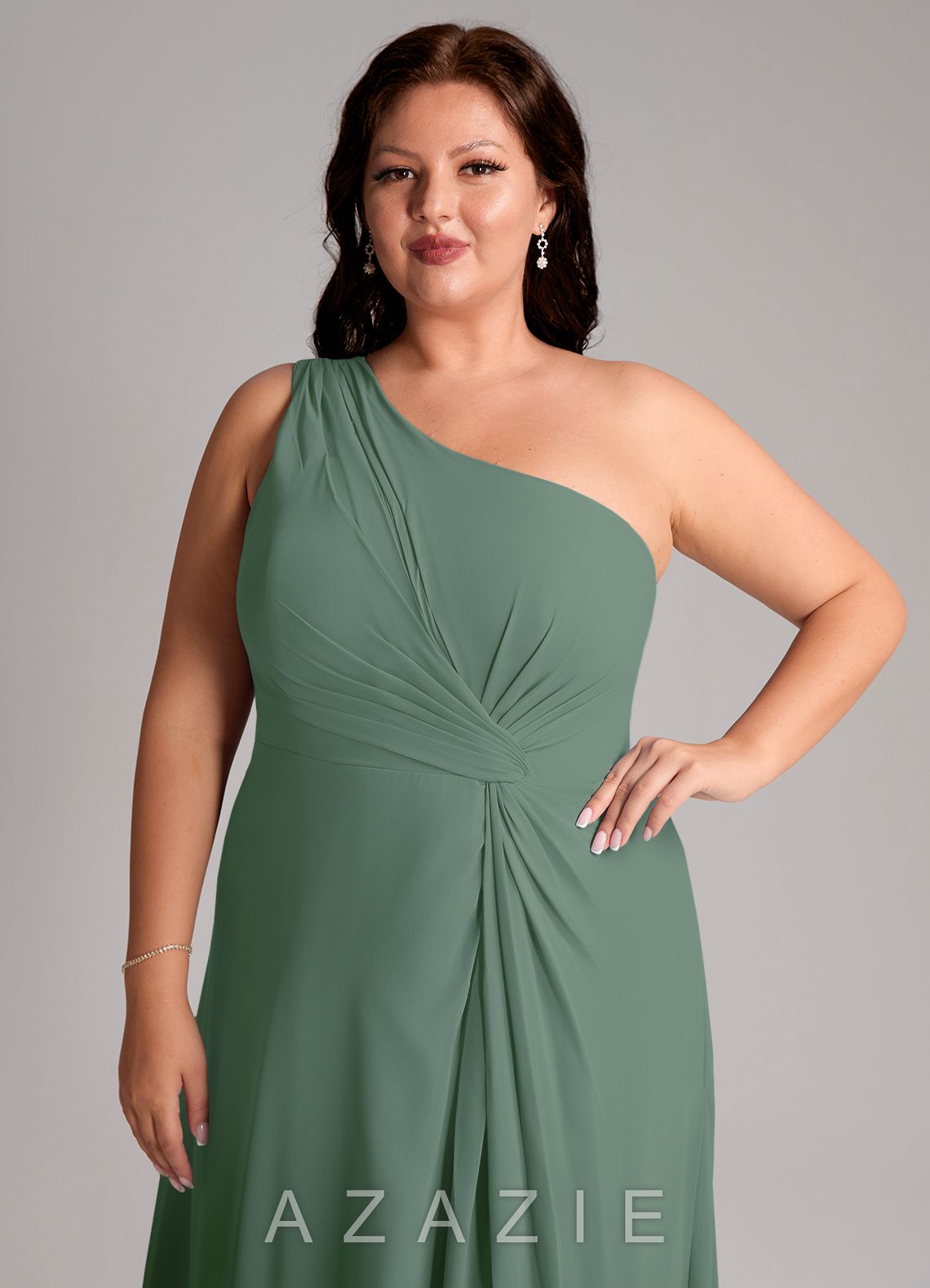 Azazie Brooke Eucalyptus A-Line One Shoulder Chiffon Dress eucalyptus
