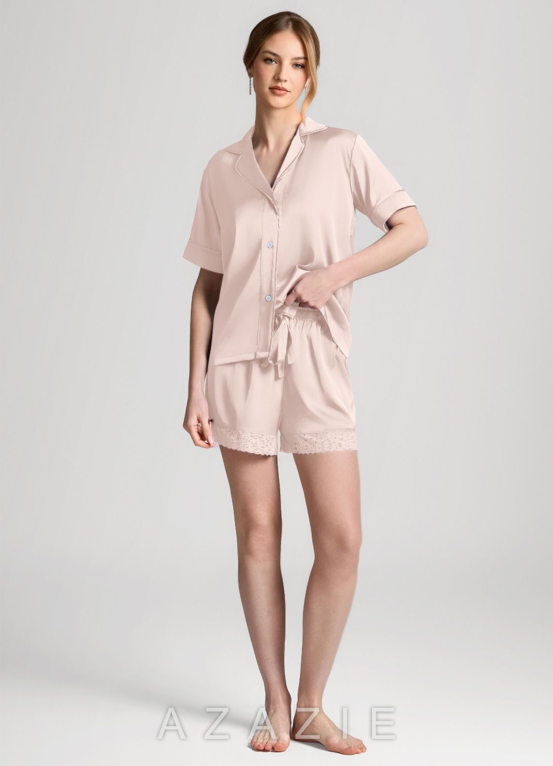 Satin Lace Trim Short Sleeve Pajama Set