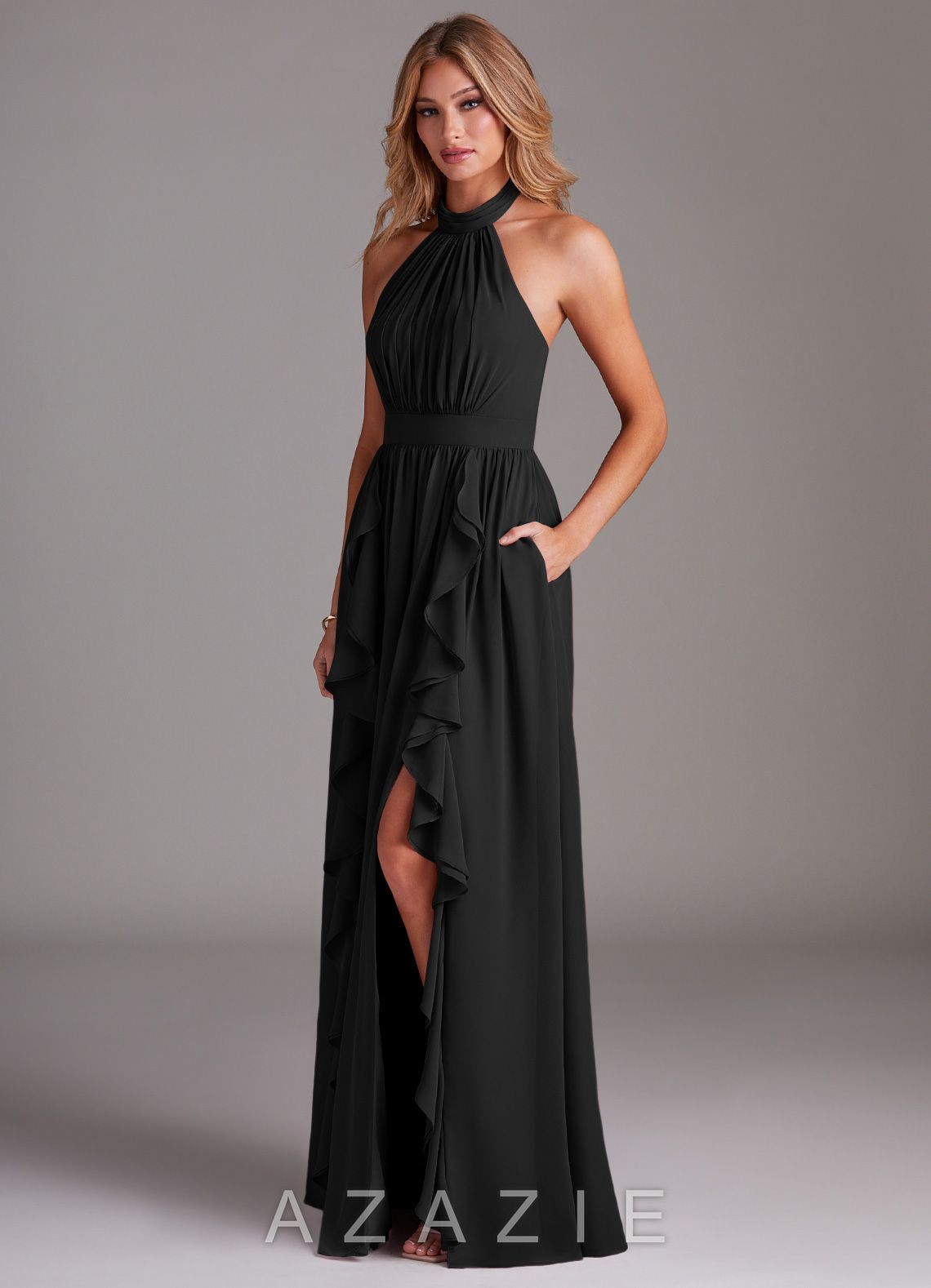 Azazie Avary Black A-Line Pleated Chiffon Dress black