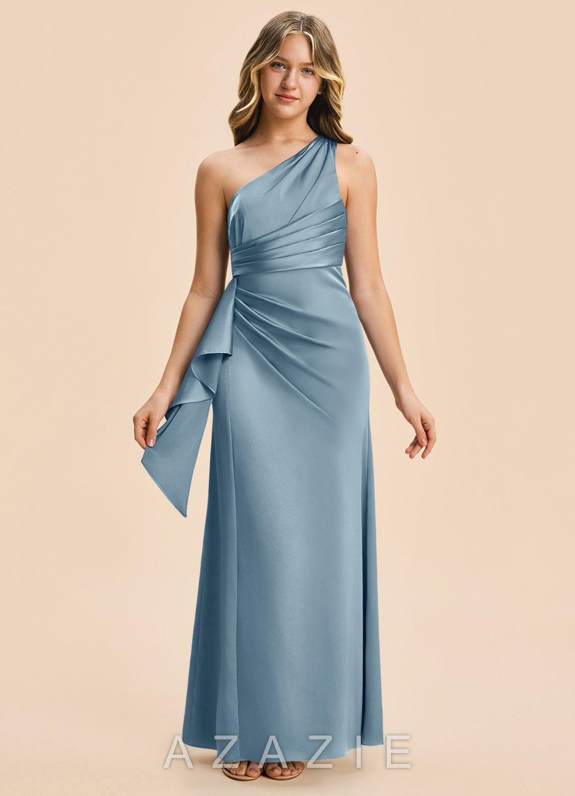 Azazie Kayden Junior Dusty Blue Sheath Ruched Stretch Satin Dress dusty_blue