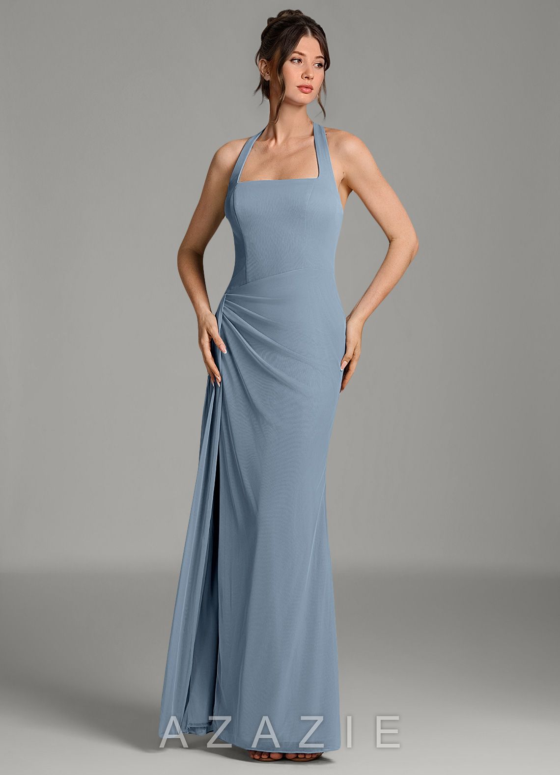 Azazie Ezra Dusty Blue Mermaid Pleated Mesh Dress dusty_blue