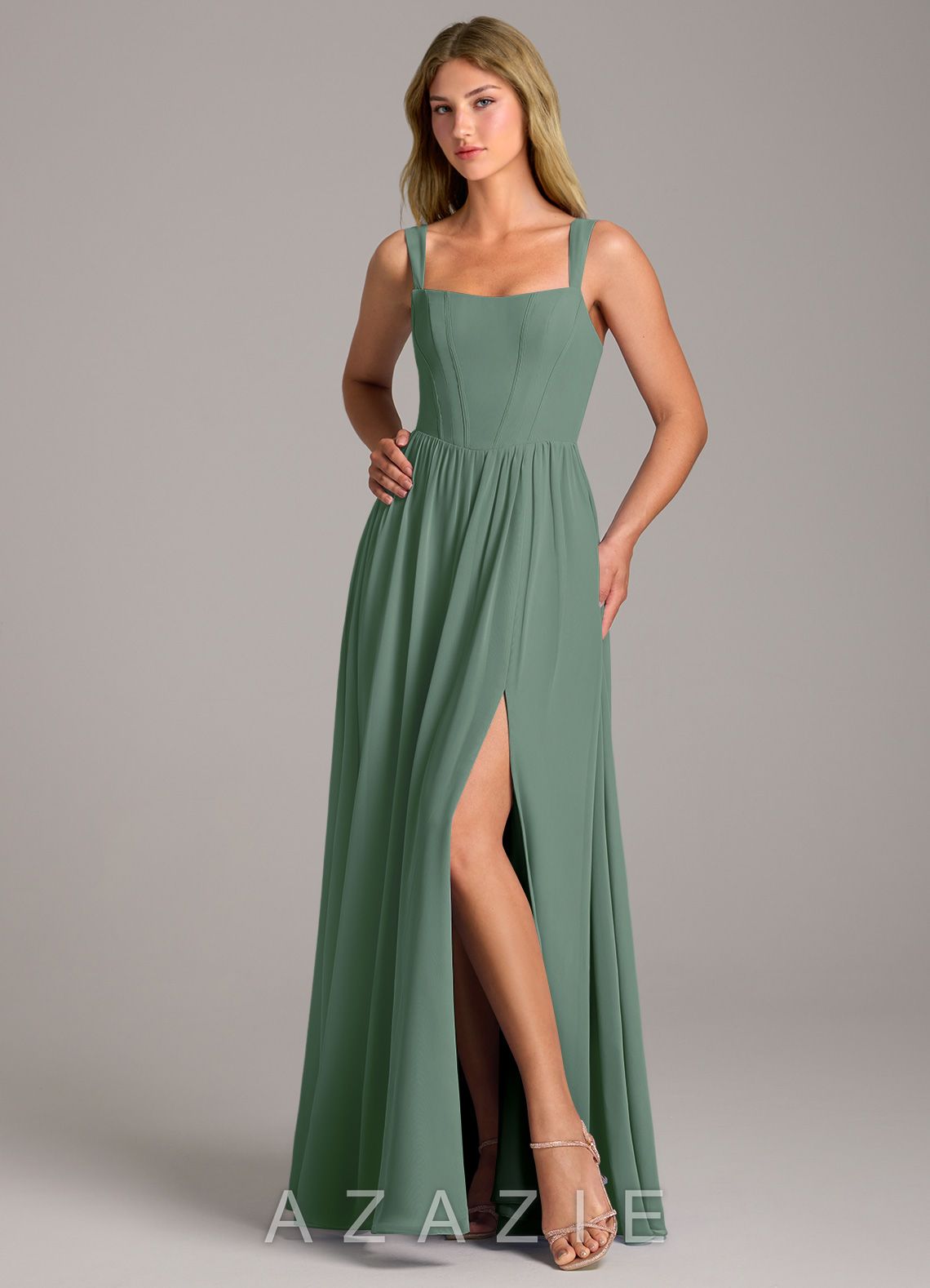 Azazie Rosaline Eucalyptus A-Line Side Slit Chiffon Dress eucalyptus