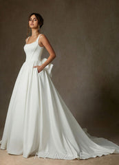Azazie Cyanne Diamond White Ball-Gown with Pockets Stretch Satin Dress diamond_white