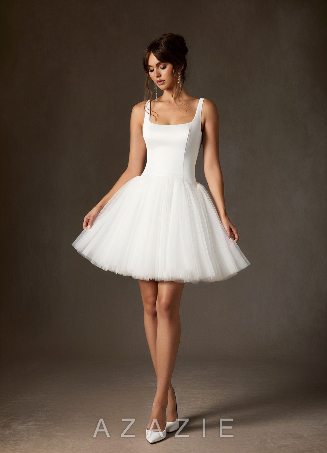 Azazie Annora Diamond White A-Line Square Neckline Tulle Dress diamond_white