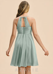 Azazie Ginny Junior Agave A-Line Pleated Stretch Satin Dress agave