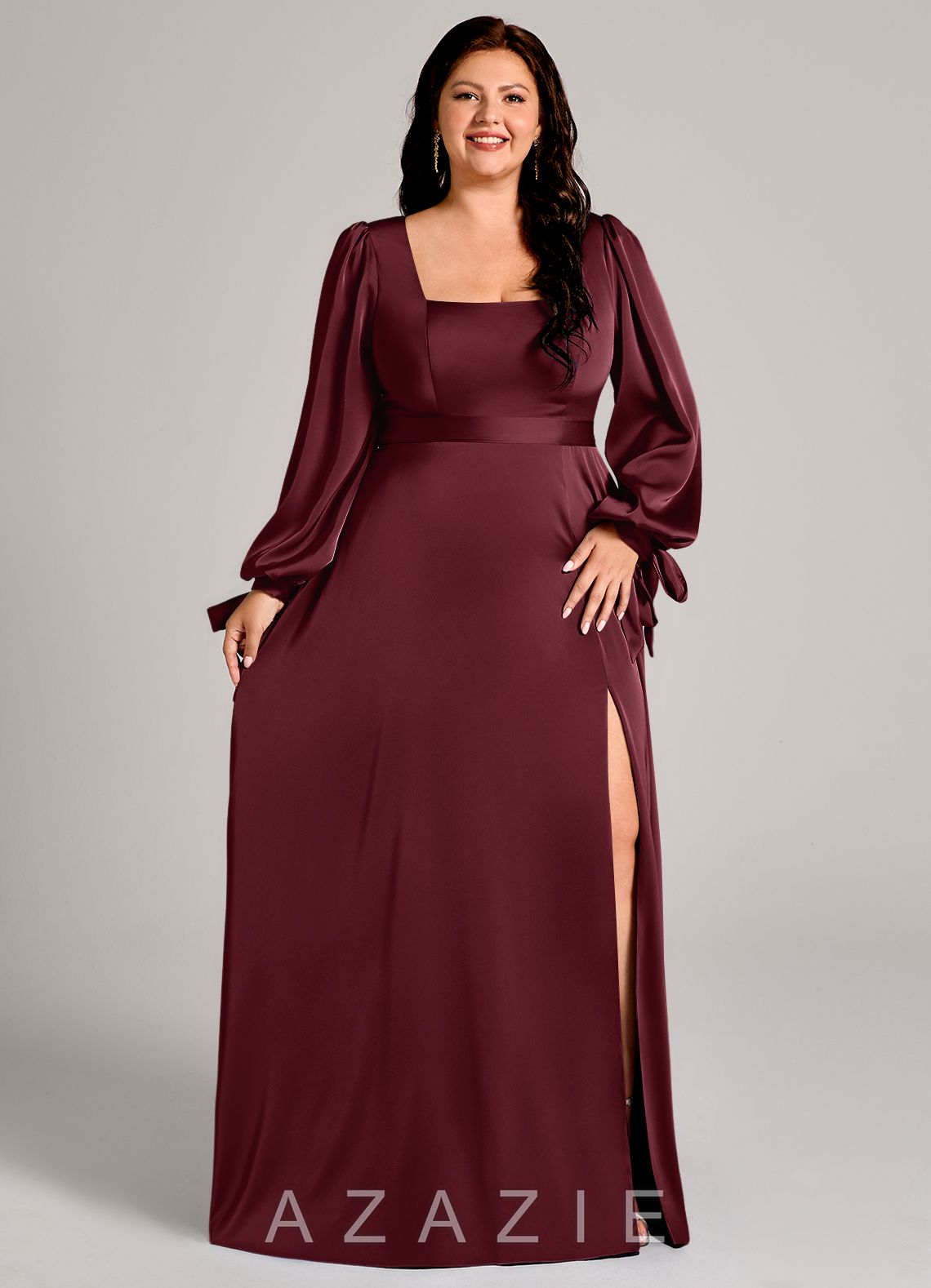 Azazie Leonia Cabernet A-Line Long Sleeve Stretch Satin Dress cabernet