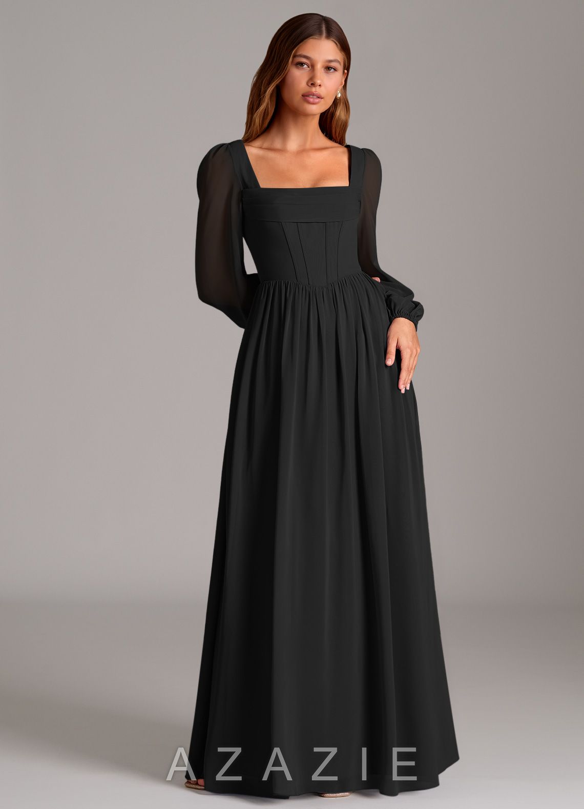 Azazie Maree Black A-Line Corset Chiffon Dress black