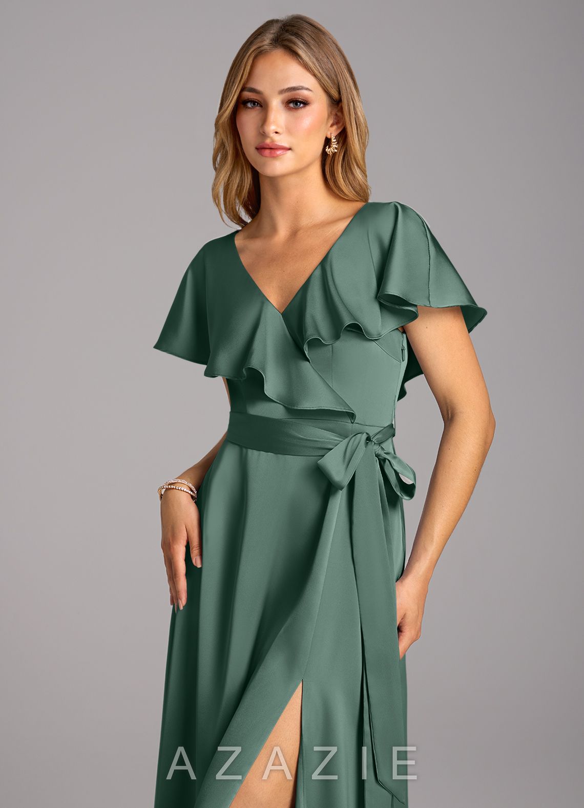 Azazie Lainey Eucalyptus A-Line with Pockets Stretch Satin Dress eucalyptus