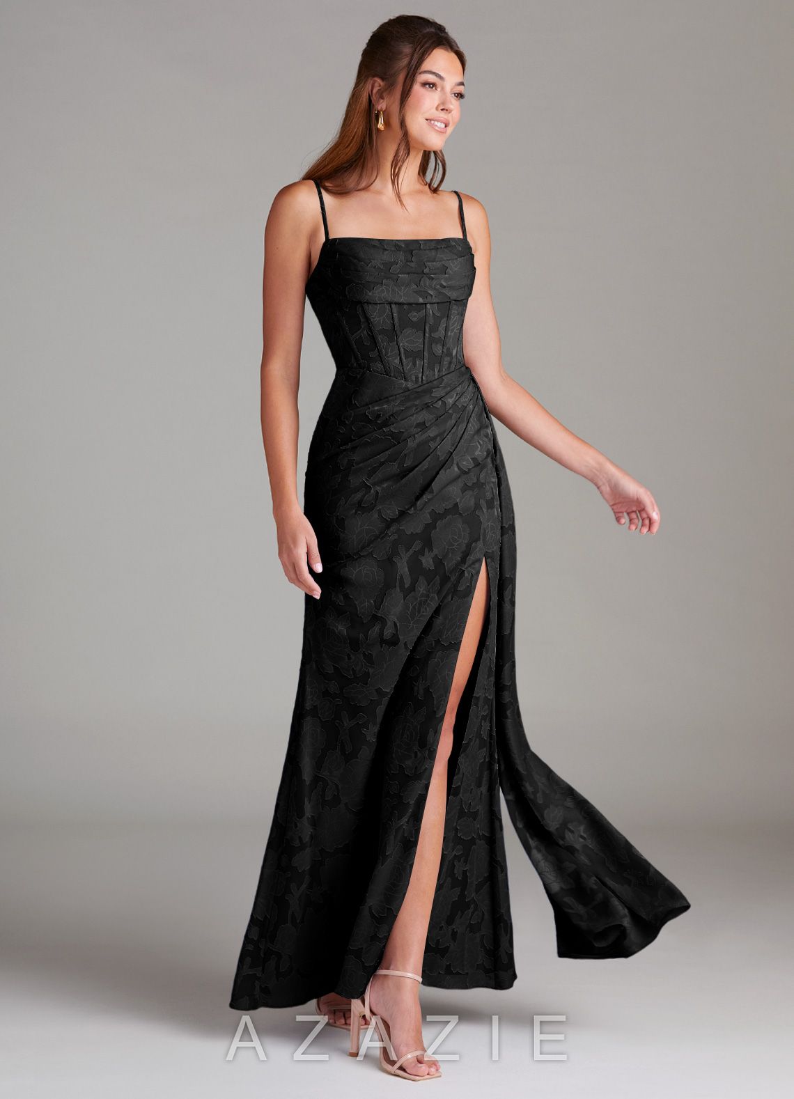 Azazie Denisa Black Sheath Pleated Floral Burnout Dress black