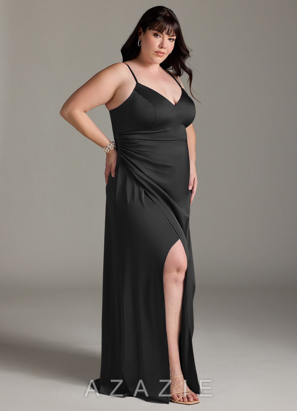 Azazie Marchella Black A-Line Corset Stretch Satin Dress black