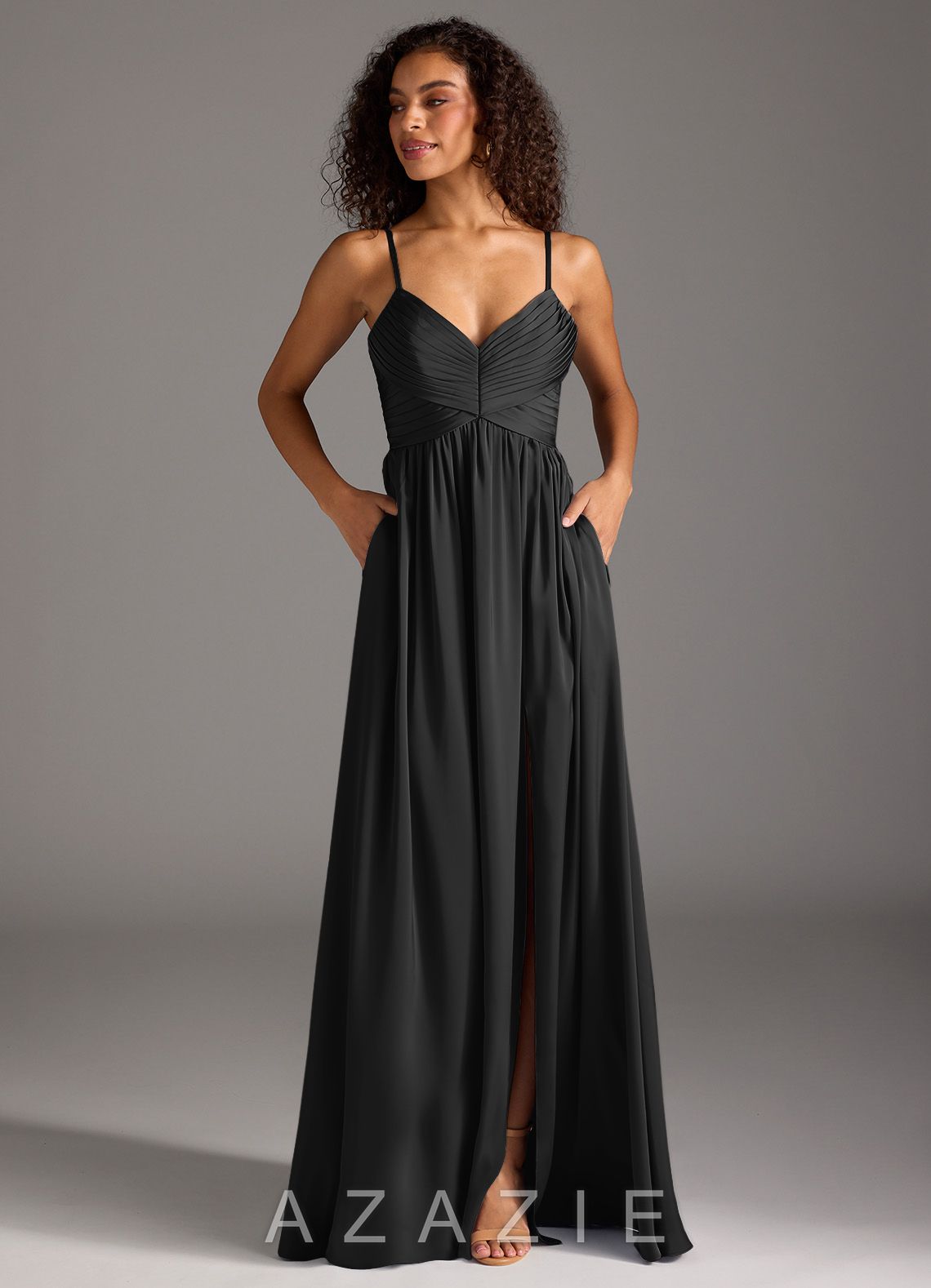 Azazie Alia Black A-Line Pleated Stretch Satin Dress black