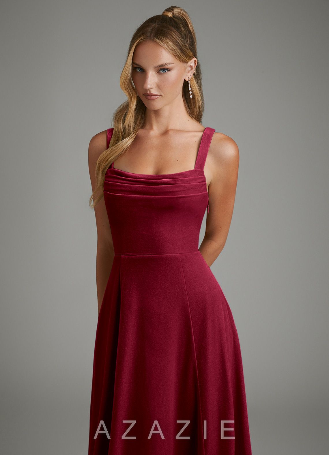 Azazie Shaude Burgundy A-Line Pleated Velvet Dress burgundy