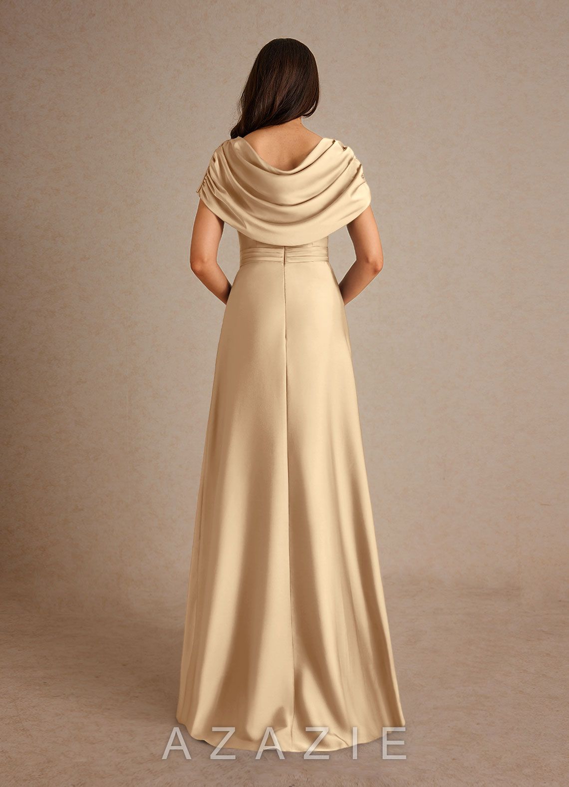 Azazie Branford Champagne A-Line Pleated Stretch Satin Dress champagne