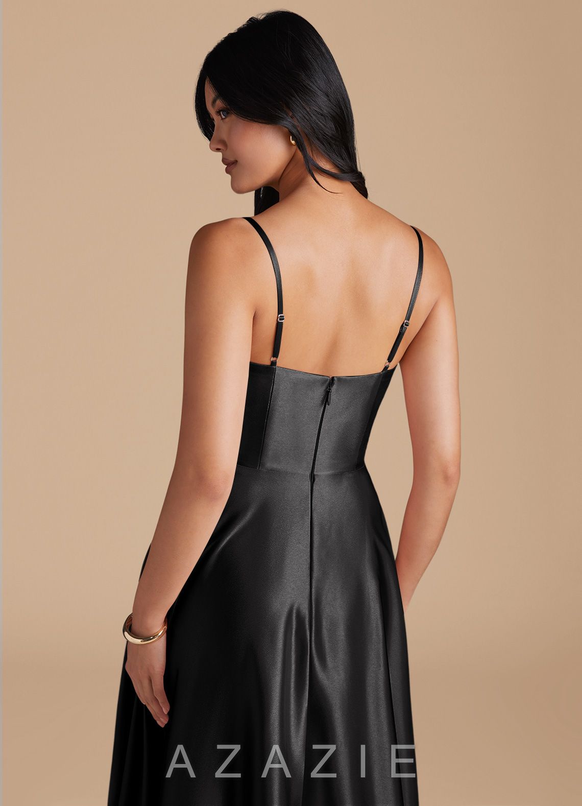 Azazie Elle Black A-Line with Pockets Metallic Satin Dress black
