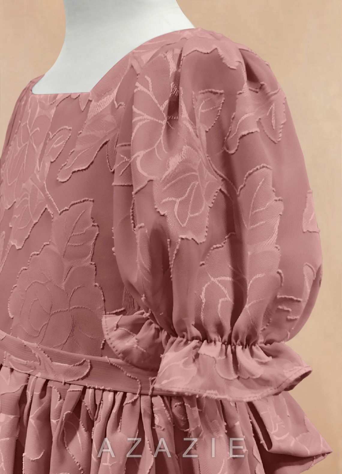 Azazie Joss Dusty Rose A-Line with Sleeves Floral Burnout Dress dusty_rose