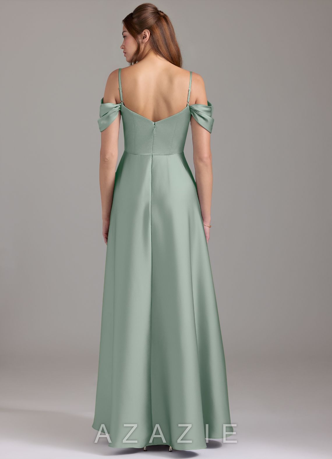 Azazie Marley Agave A-Line Off the Shoulder Stretch Satin Convertible Dress agave