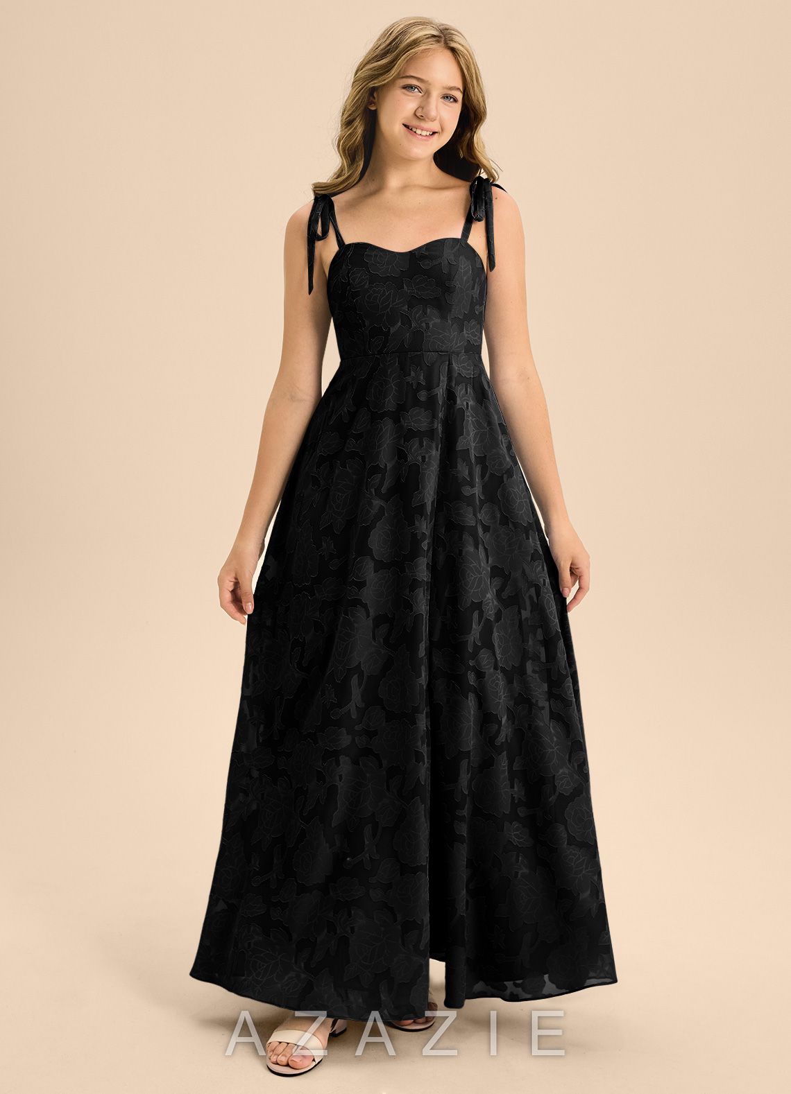 Azazie Rosey Junior Black A-Line Sweetheart Neckline Floral Burnout Dress black