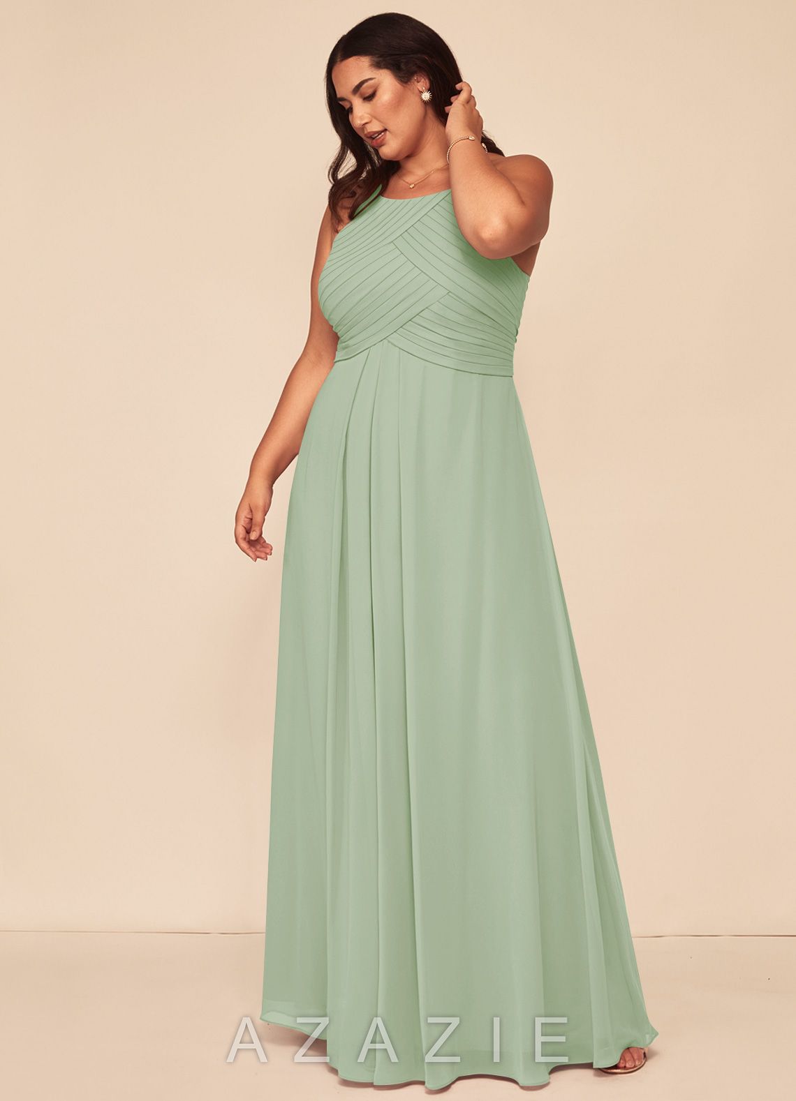 Azazie Ginger Dusty Sage A-Line Halter Pleated Chiffon Dress dusty_sage