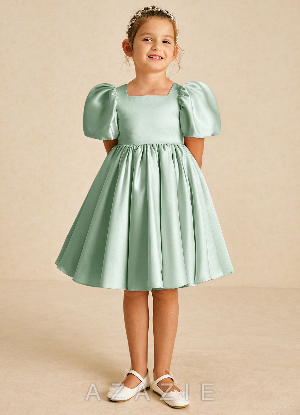 Azazie Muffin Agave A-Line with Sleeves Matte Satin Dress agave