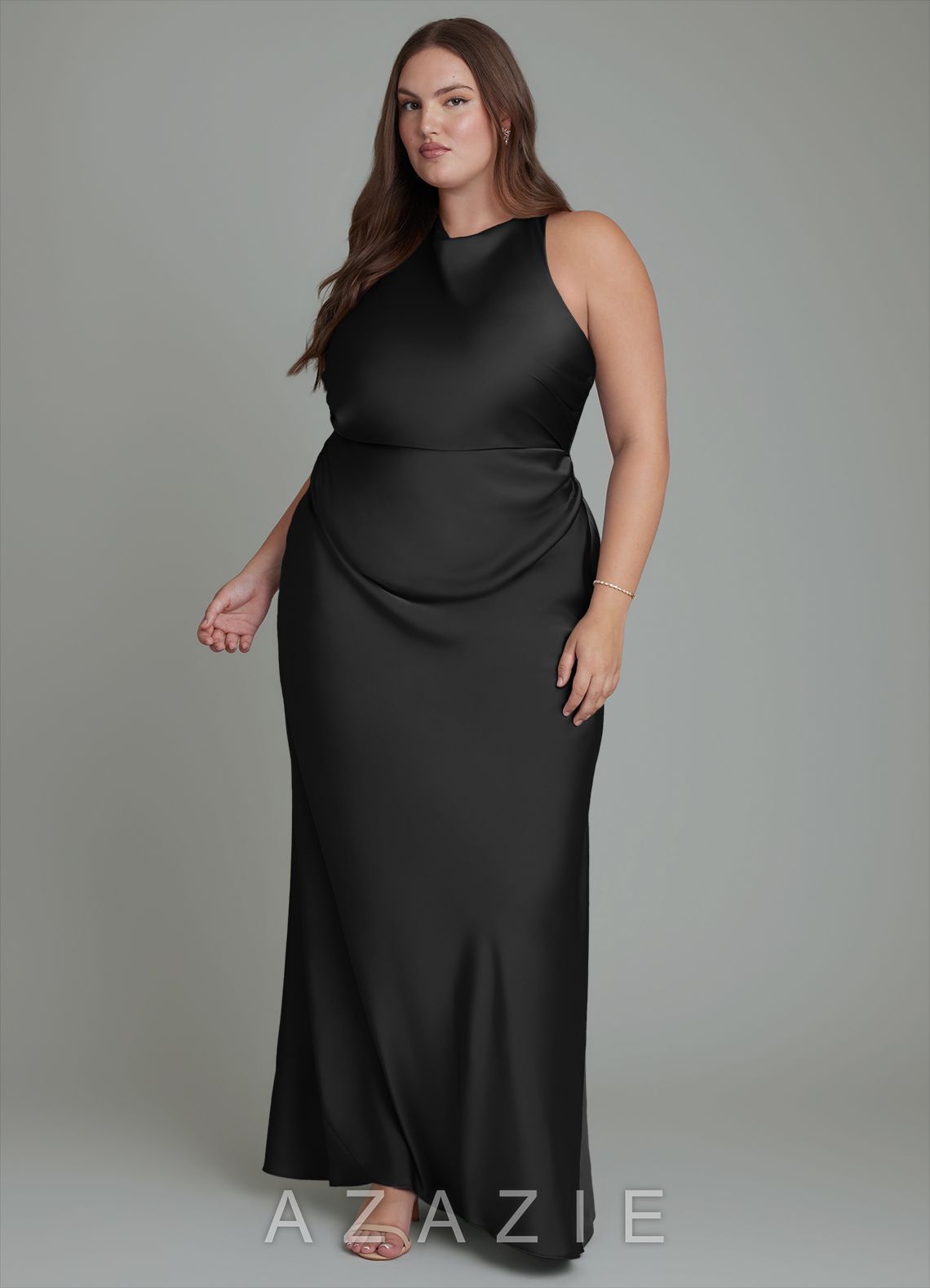 Azazie Evadne Black Sheath Pleated Stretch Satin Dress black